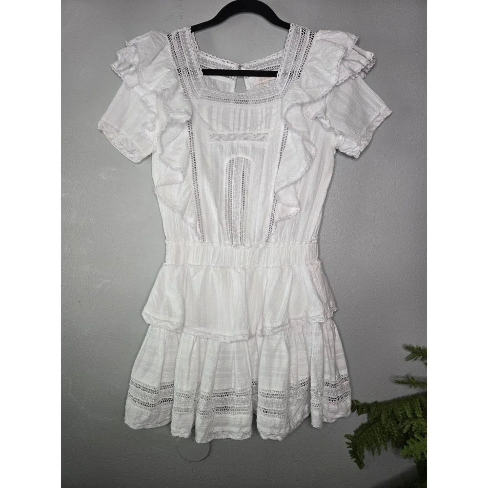 Olivaceous White Lace Ruffle Mini Dress Medium Cottagecore Boho Babydoll - Picture 2 of 10